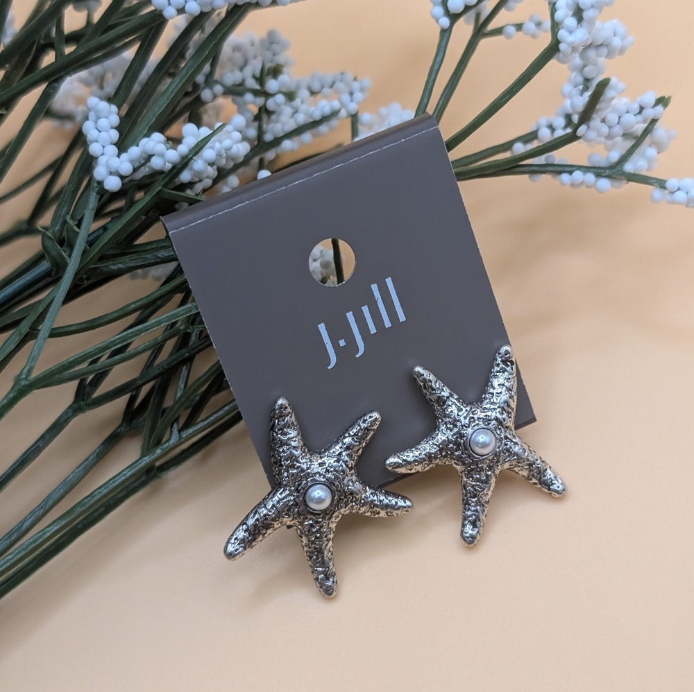J. Jill Silvertone and White Center Pearl Starfish Stud Earrings NWT